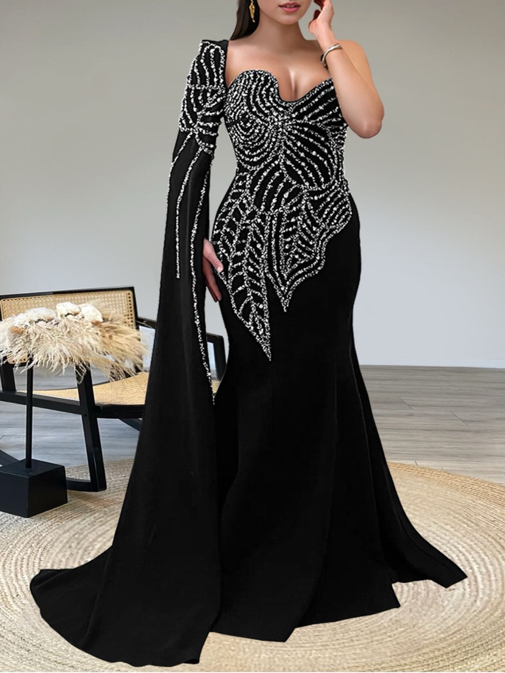 Rhinestone Pearl Detail One-Shoulder Mermaid Maxi Dress